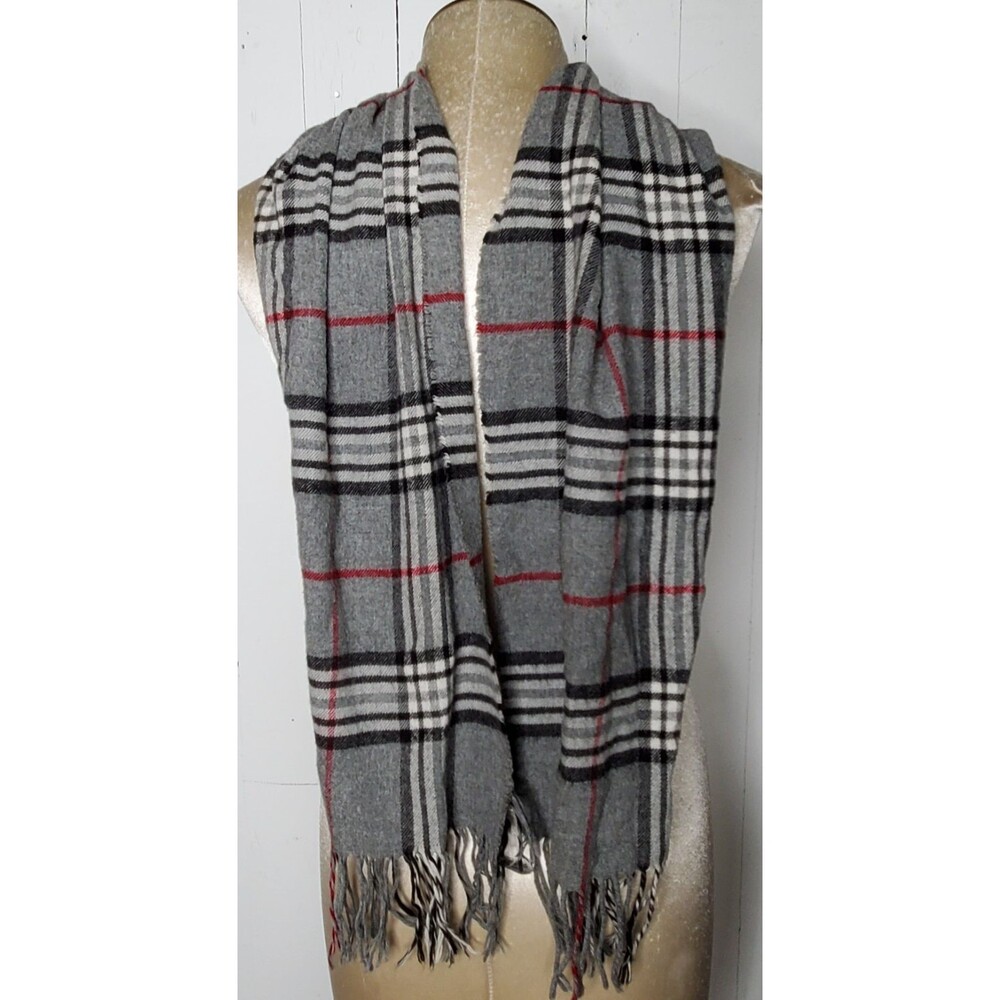 Croft & Barrow Scarf Gray Red Black White Plaid Fringe 50x11" Preppy Dk Academia